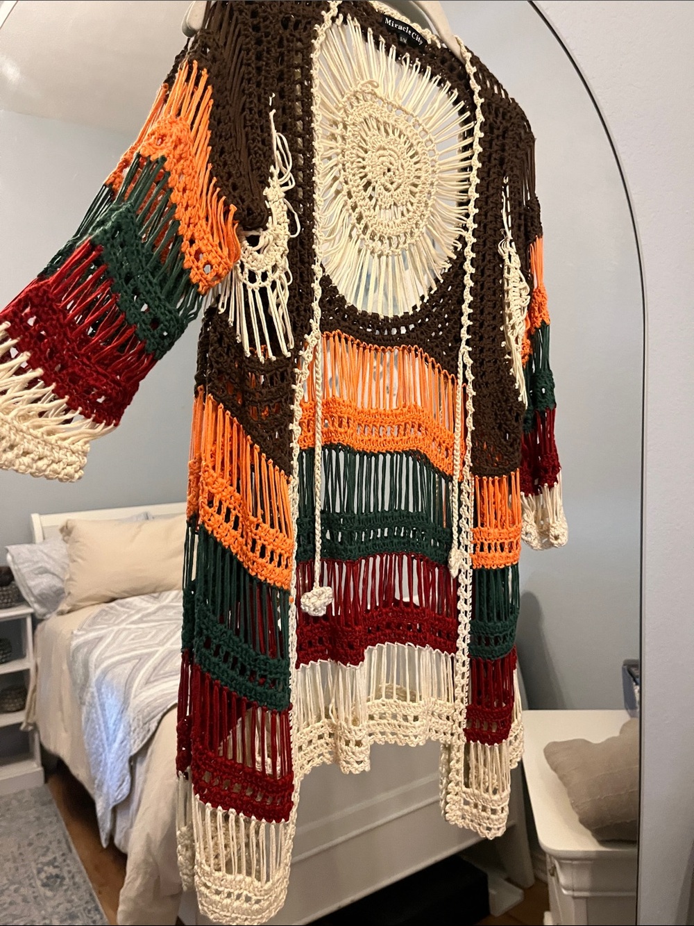 Handmade Cochella Crochet Fringe short Duster - Cream,Brown,Orange,Green,Red.